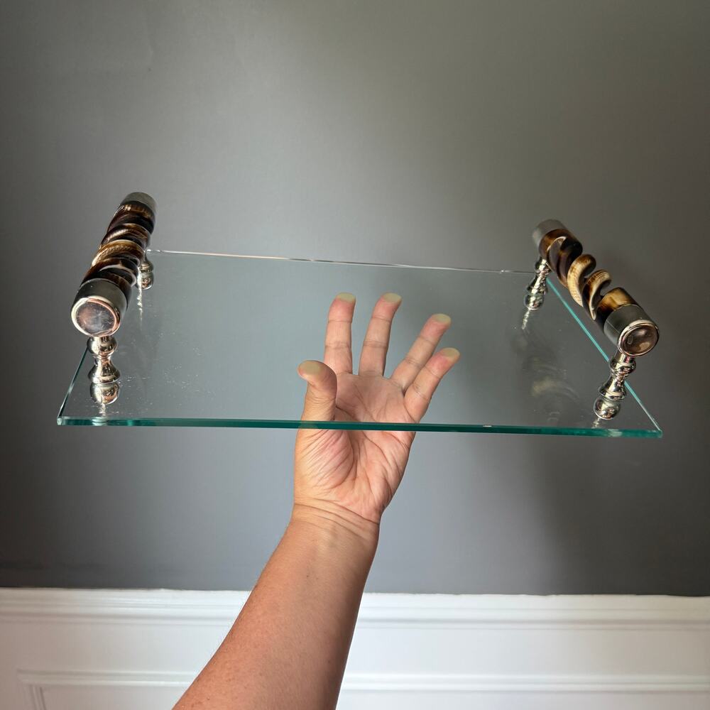 Vintage Glass Serving Tray Wood Swirl Handles Polished Nickel Vanity Decor